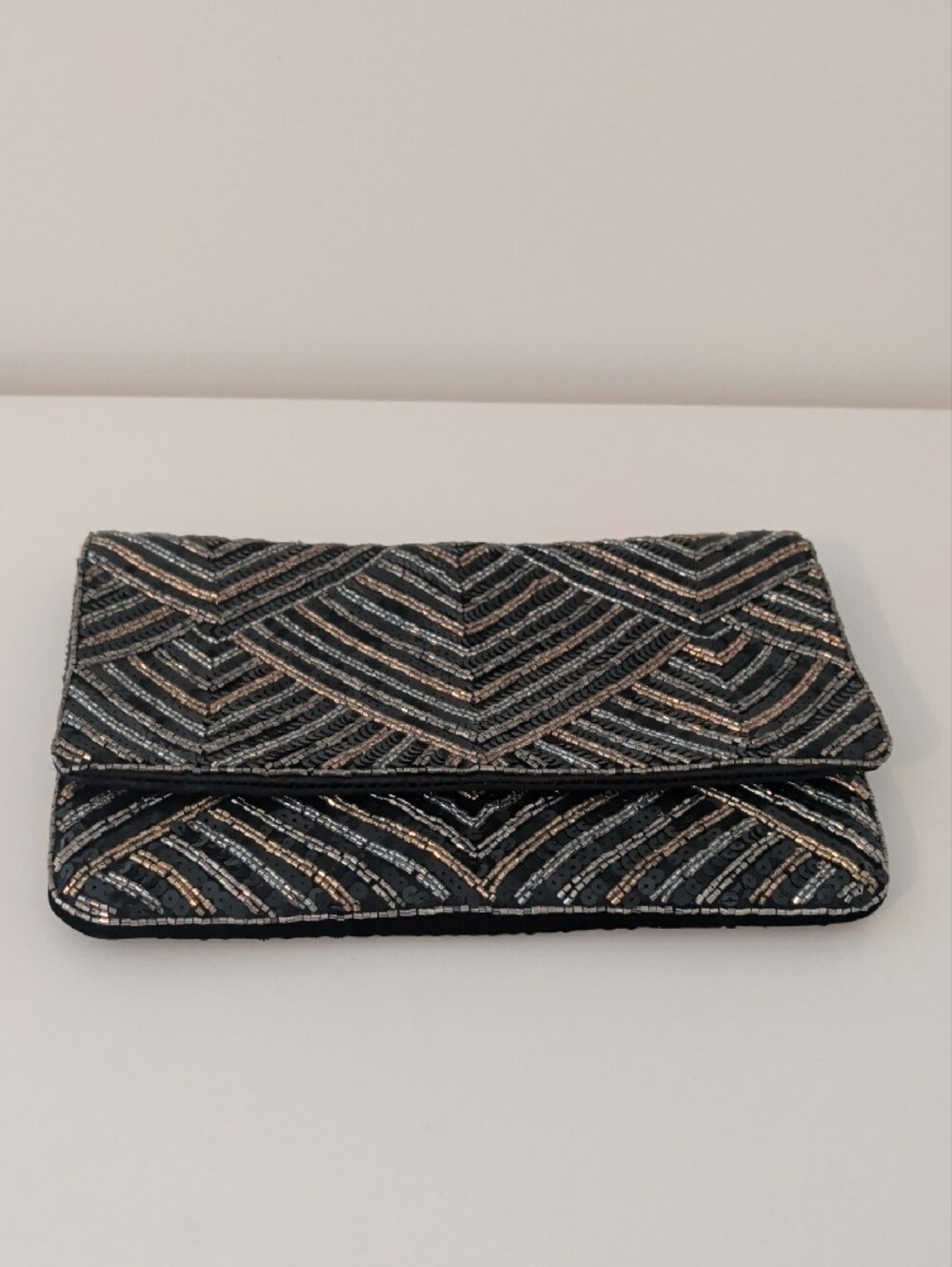Black Beaded Chevron Clutch Evening Bag